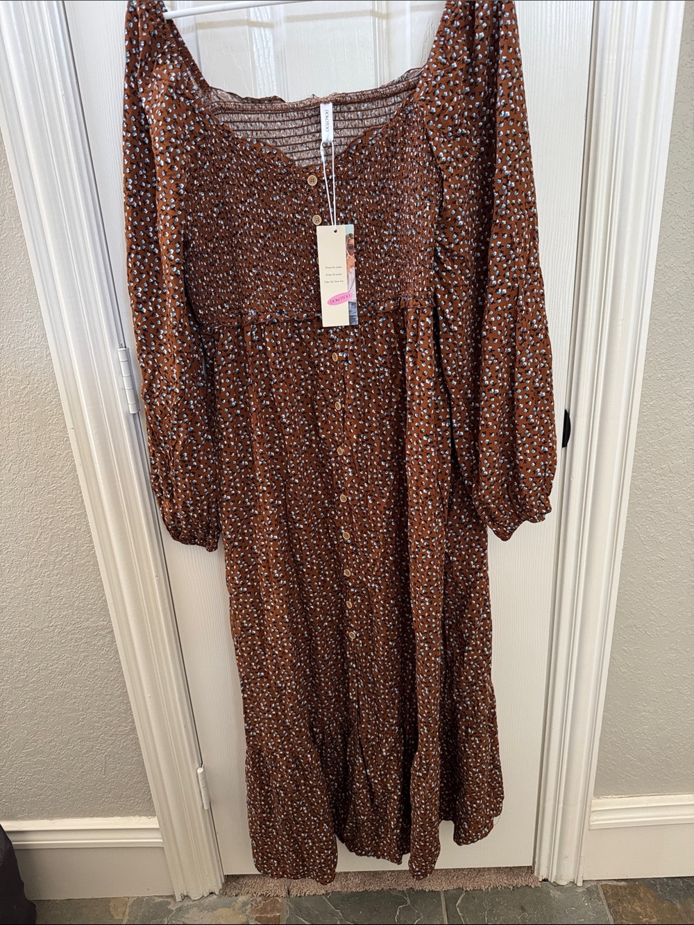 Women's Brown Floral Long-Sleeve Maxi Dress with Smocked Bodice